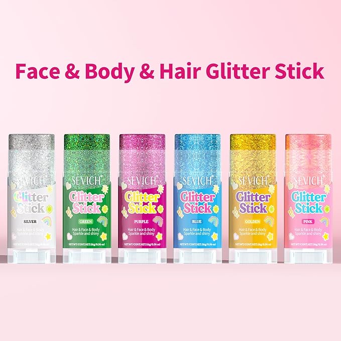 SEVICH Glitter Stick Purple for Face Body Hair,Skin Safe Waterproof Sparkle with No Glue Needed,Easy to Apply and Remove for Parties Festivals Makeup,15g