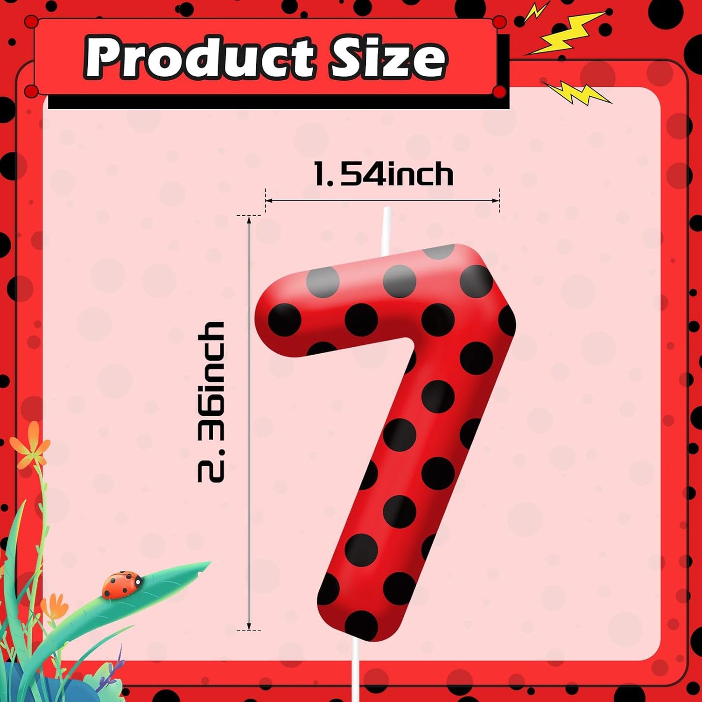 Ladybug Theme Birthday Candles - Red & Black Polka Dot Decorative Candles for Kids Ladybug Themed Parties, Baby Showers, Birthday Cakes, and Ladybird Inspired Celebrations(Number 7)