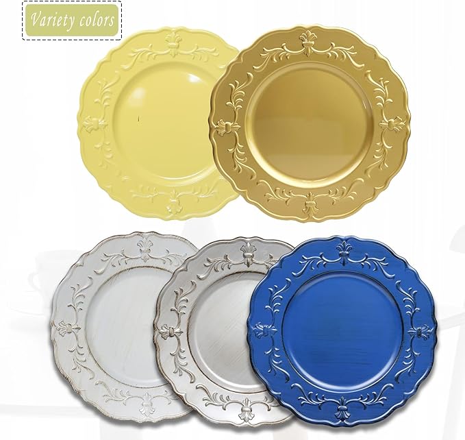 Spsyrine Light Yellow Charger Plate, 13" Embossed Plastic Table Plate Chargers for Dinner, Set of 6 Elegant Decorations for Wedding, Dining, Party Events.