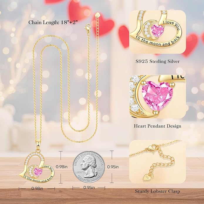 Anniversary Necklace for Women Birthstone Jewelry for Wife Gifts for Her Wife Birthday Gift Ideas Anniversary for Girlfriend I love you to the moon and back Necklaces Filled 925 Sterling Sliver