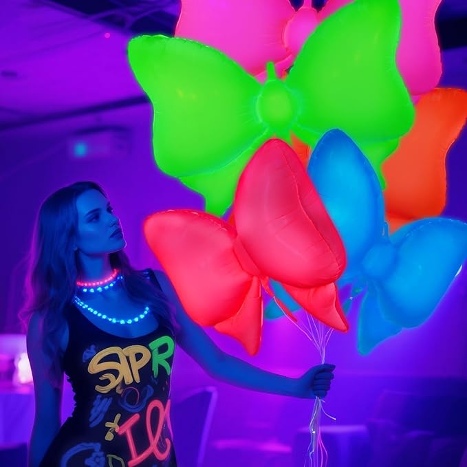 Mega-L Glow in the Dark Party Supplies, 5 Pcs Neon Bow Balloons Set – Fluorescent Red, Lemon Yellow, Fuchsia, Blue and Orange Balloons Perfect for Birthday, Wedding, Anniversary, Graduation Party
