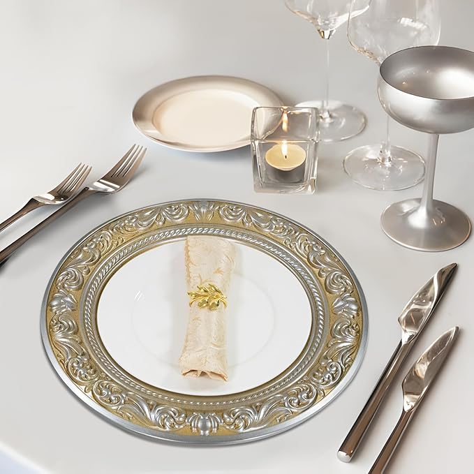 MAONAME 13" Round Charger for Dinner Plates, Gold Plate Chargers Set of 6, Charger Plates with Embossed Rim, Plastic Table Chargers for Wedding