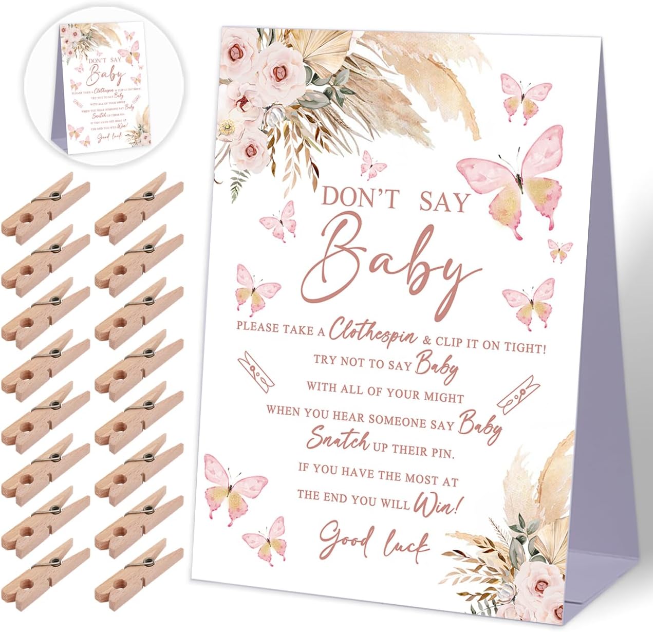 Don't Say Baby Baby Shower Game,Boho Pampas Butterfly Baby Shower Decoration,Rustic Baby Shower Decorations,Neutral Baby Shower Decoration,Baby Shower Game Ideas,1 Sign & 50 Mini Clothespins Set-B19
