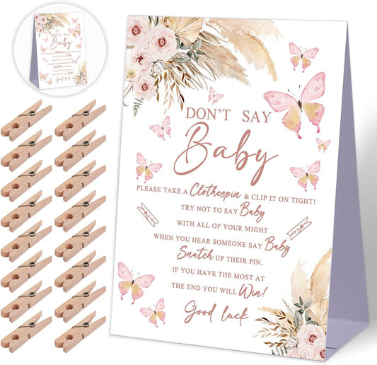 Don't Say Baby Baby Shower Game,Boho Pampas Butterfly Baby Shower Decoration,Rustic Baby Shower Decorations,Neutral Baby Shower Decoration,Baby Shower Game Ideas,1 Sign & 50 Mini Clothespins Set-B19