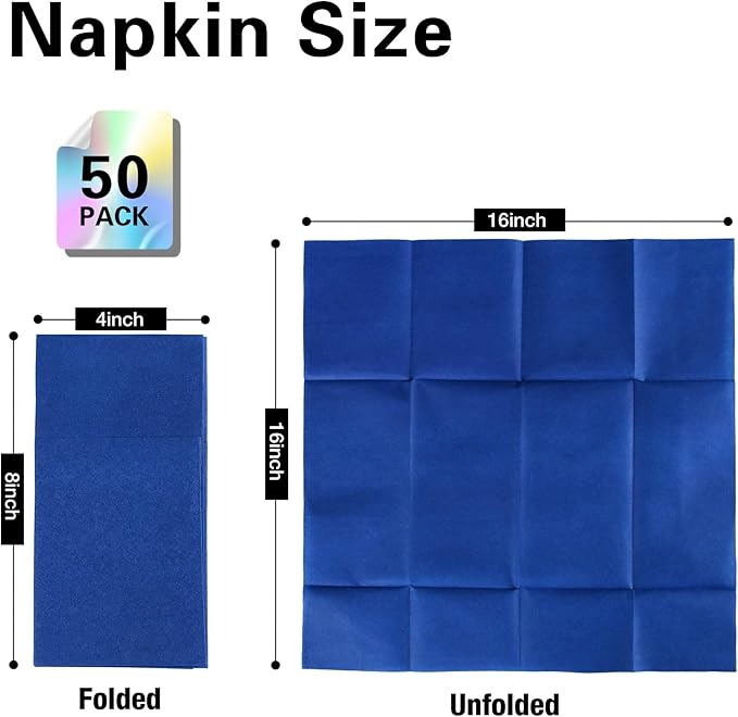 Royal Blue Napkins Hand Towels Disposable, Linen-Feel Dinner Napkins with Prefolded Built-in Flatware Pocket, Guest Paper Hand Towels For Wedding, Dinner Or Party (16x16in, 50Pack）