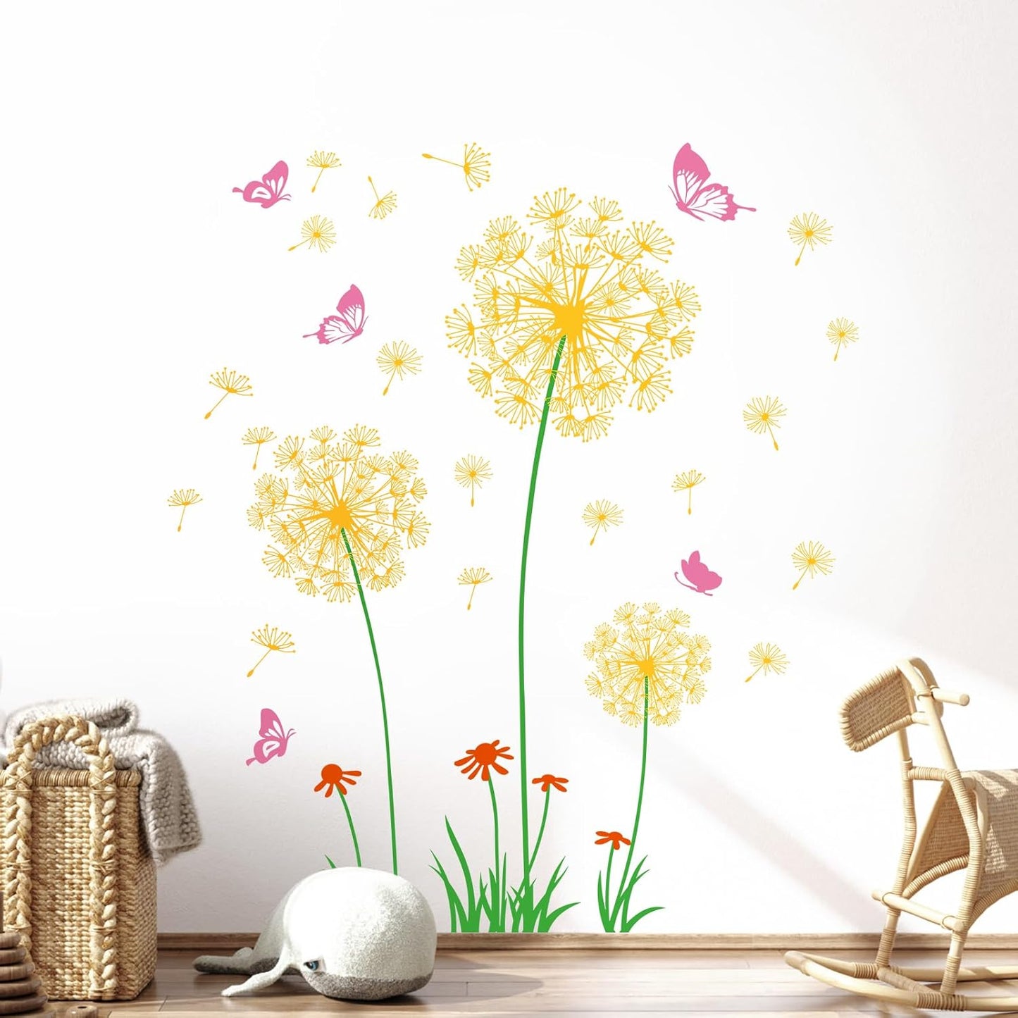 Supzone Yellow Dandelion Wall Stickers Flower Wall Decals Pink Butterflies Wall Decors Wall Art Stickers for Bedroom Living Room Sofa Backdrop TV Wall Decoration