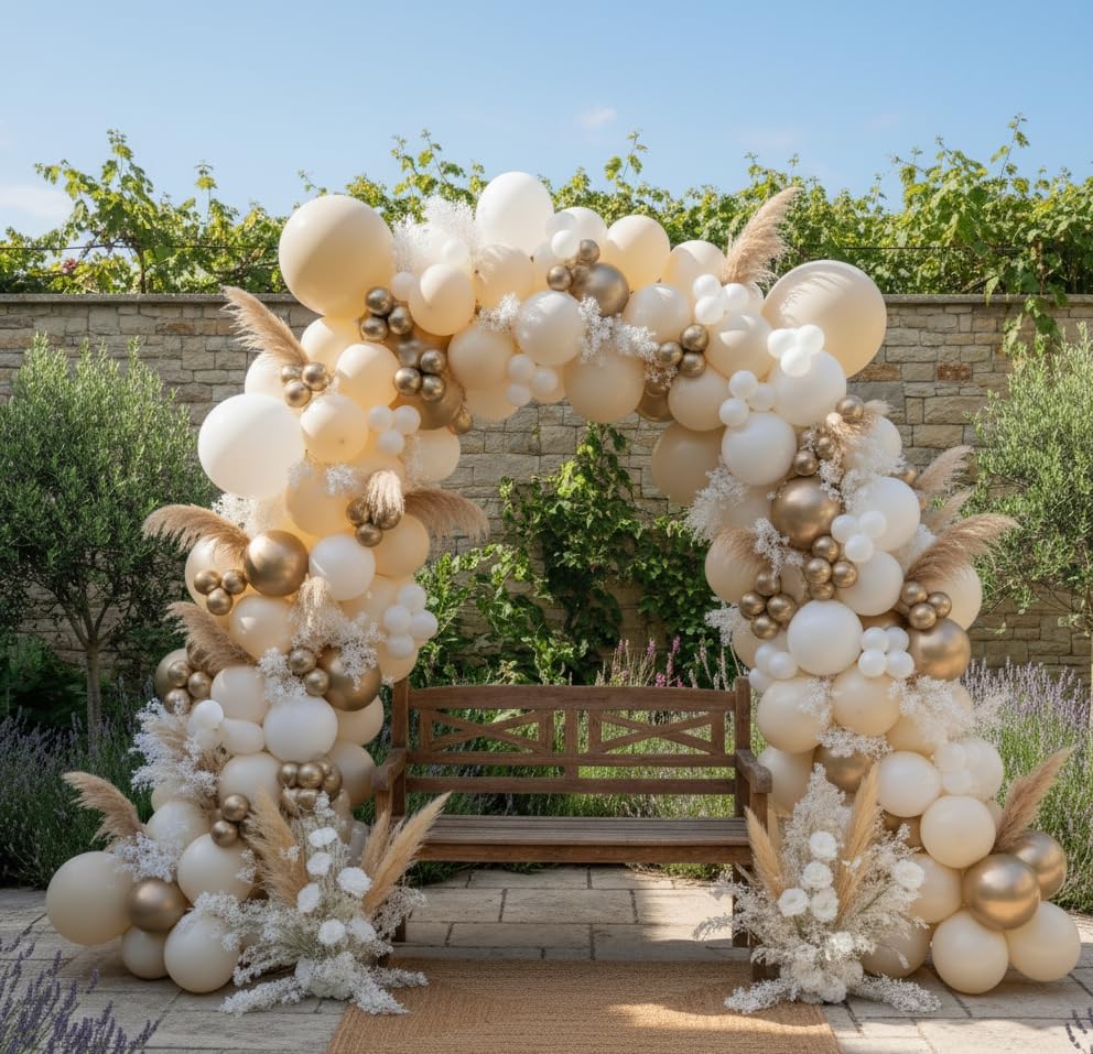 Sand White Gold Balloon Arch Kit, 140Pcs Beige Nude White Balloon with Metallic Gold Balloon Garland Kit for Boho Birthday Wedding Baby Shower Bridal Shower Engagement Prom Party Decorations