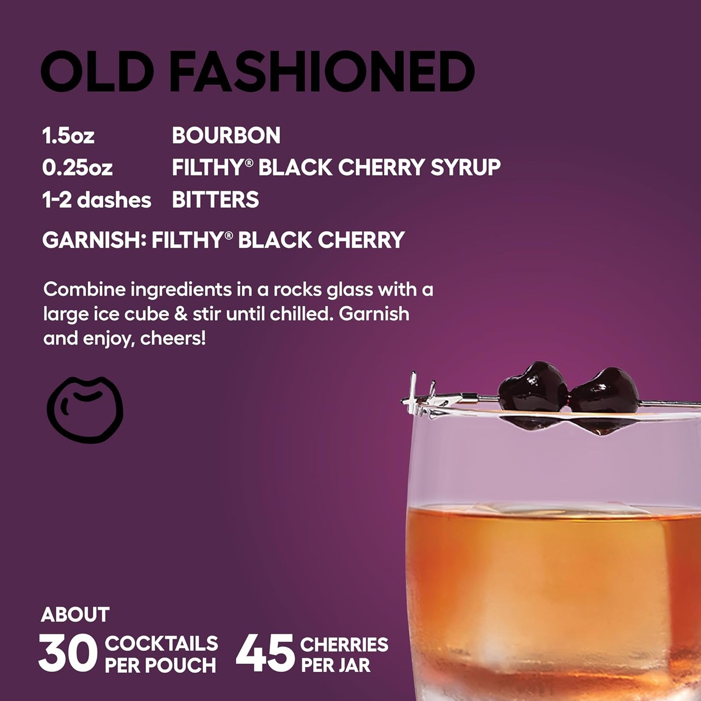 Filthy Black Cherry Whiskey Cocktail Kit, Premium Cocktail Kit for Old Fashioneds and Manhattan Cocktails at Home, Includes Black Cherry Syrup, Black Cherries & 4 Stainless Steel Cocktail Picks