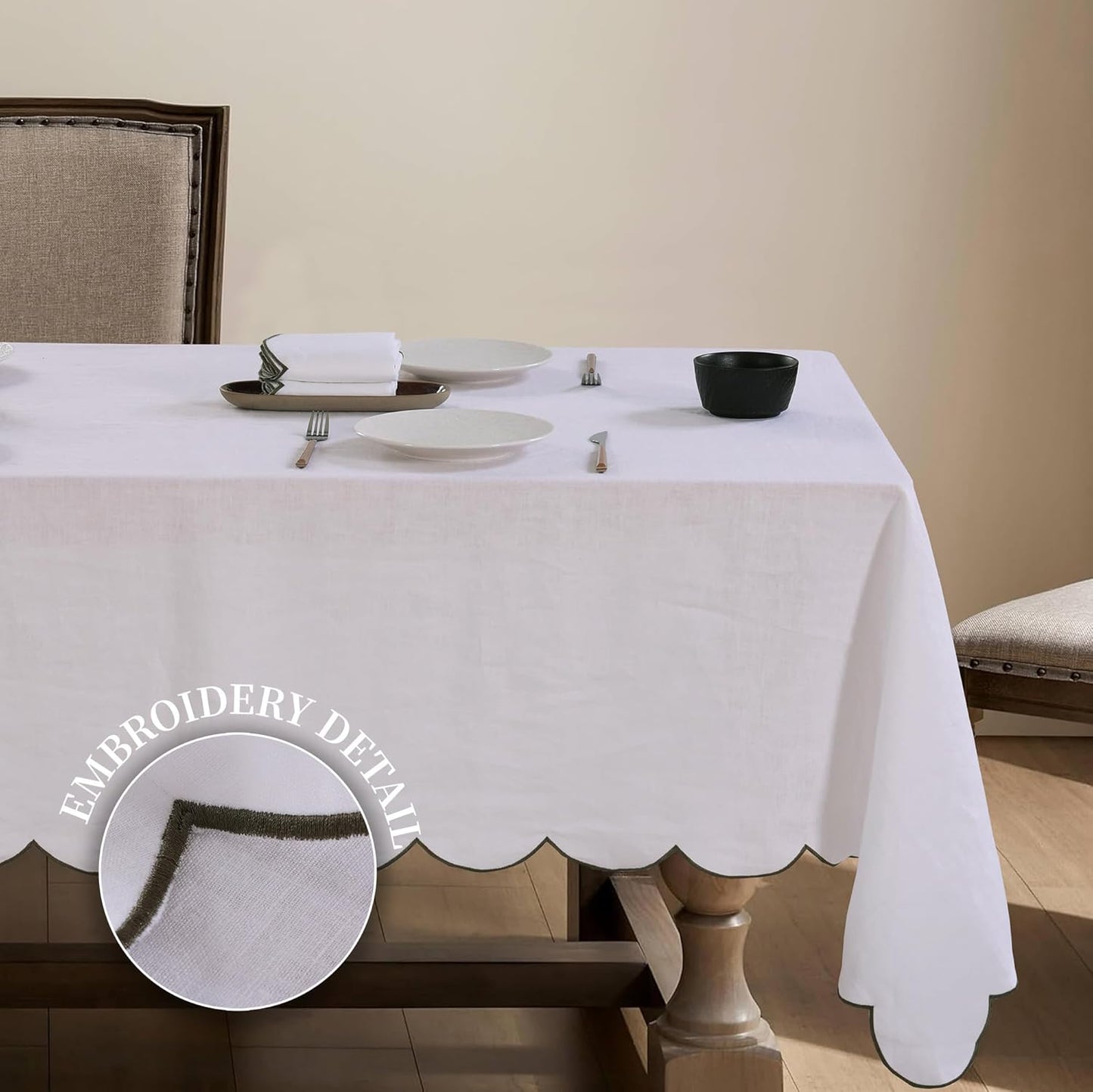 100% Pure Linen Scalloped Embroidery Rectangle Tablecloths 108Lx60W Inch for Dinners, Parties, Spring, Machine Washable, 8-10 Sets, White(Edges-Green)