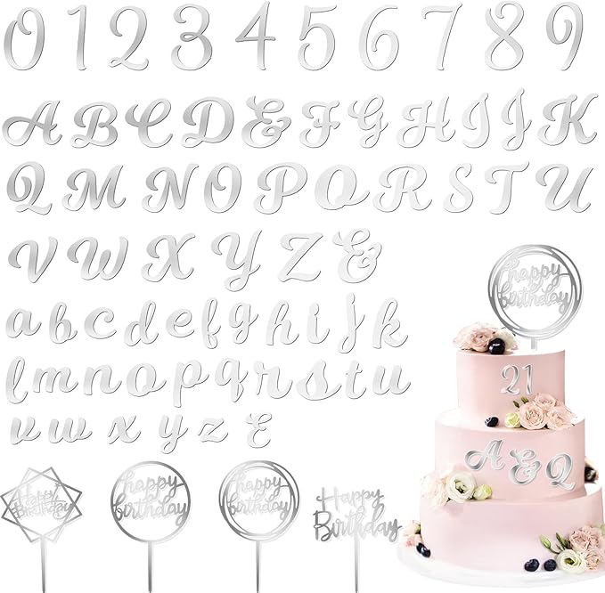 Teenyyou 68 Pcs Acrylic Alphabet Number Cake Topper 0-9 Number and A-z Letters Personalized Cake Picks Decor DIY Name Cupcake Toppers Christmas Wedding Baby Shower Party(Silver)