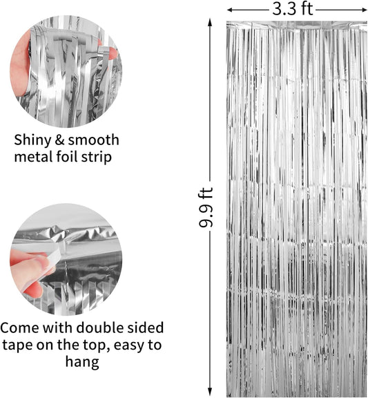 Crosize 3 Pack 3.3 x 9.9 ft Silver Foil Fringe Backdrop Curtain, Streamer Backdrop Curtains, Streamers Birthday Metallic Paper Party Decorations, Tinsel Curtain for Parties, Photo Booth Backdrops