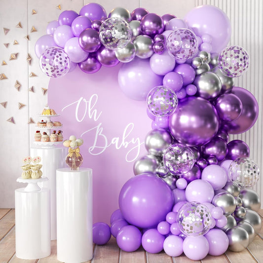 Purple and Silver Balloon Garland Arch Kit, 155Pcs Lavender Pastel Purple Lilac and Silver Confetti Balloons for Girls Women Wedding Birthday Baby Shower Graduation Party