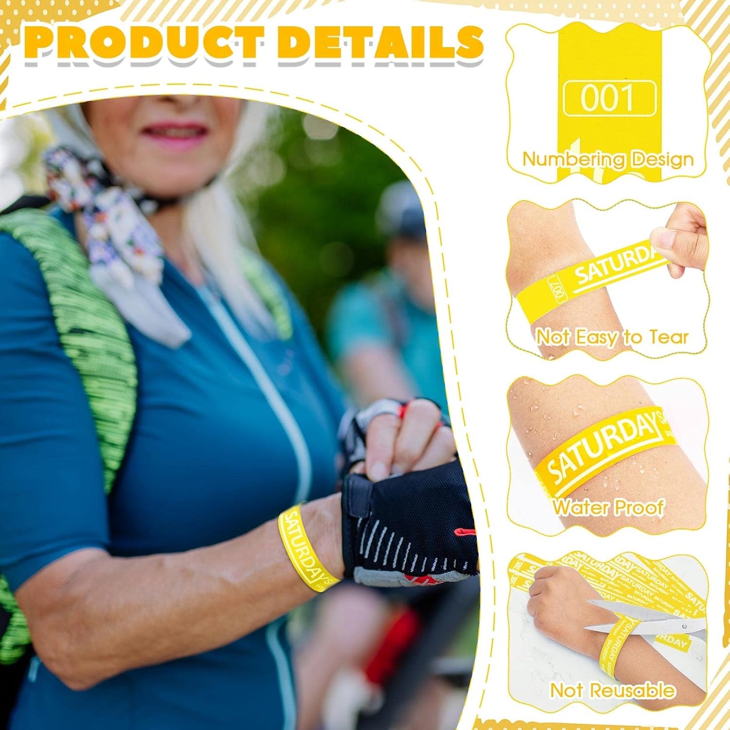 Henoyso 600 Pcs Saturday Paper Wristbands Event Admission Paper Bracelets Numbered Waterproof Party Armbands for Events Day of The Week(Yellow)