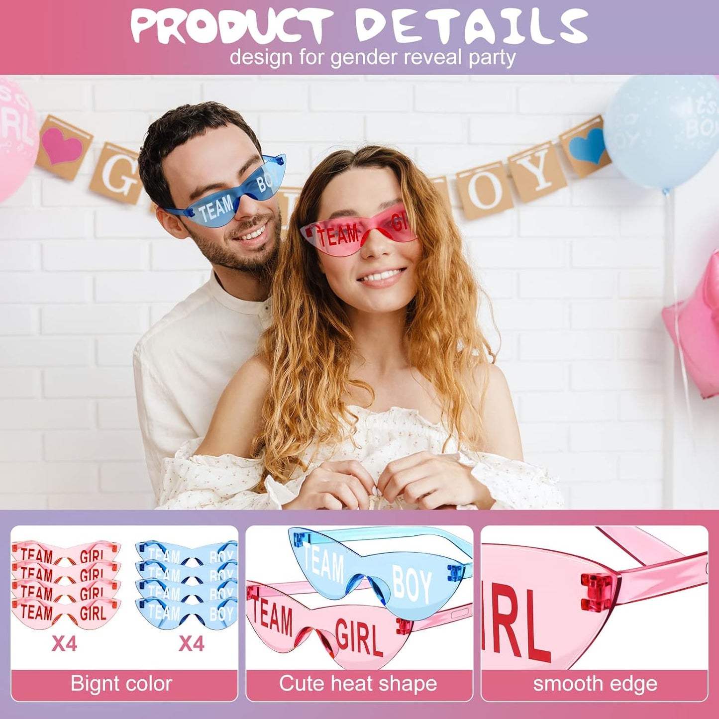 Konohan Gender Reveal Glasses Blue and Pink Sunglasses Frameless Team Girl and Team Boy Decor for Gender Reveal Party