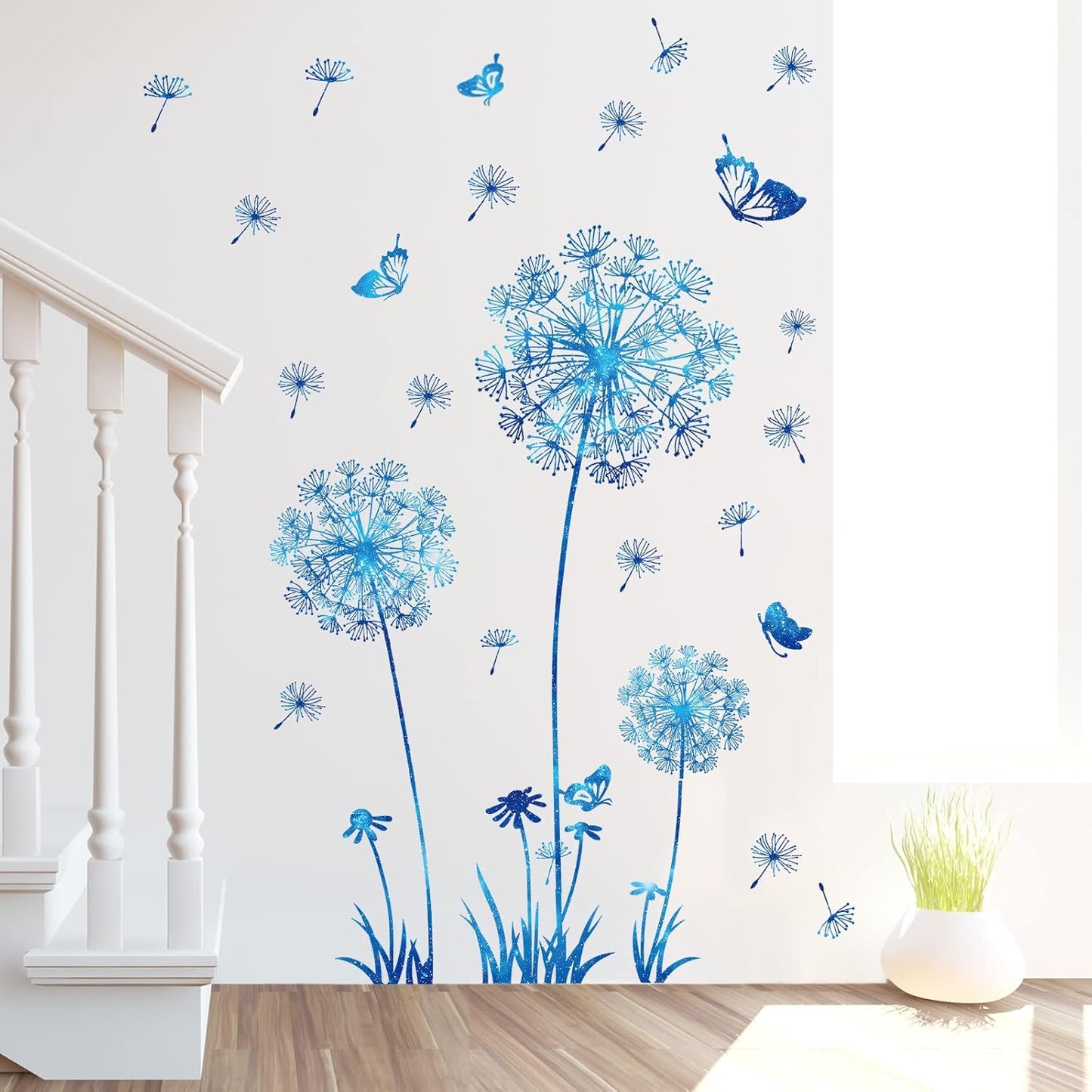 Dandelion Wildflower Wall Decals Art, Calcomanías para Pared Peel and Stick Floral Butterflies Flying Decor for Girls Kids Women Baby Nursery Room Bathroom Sofa Backdrop TV Wall (Light Blue)