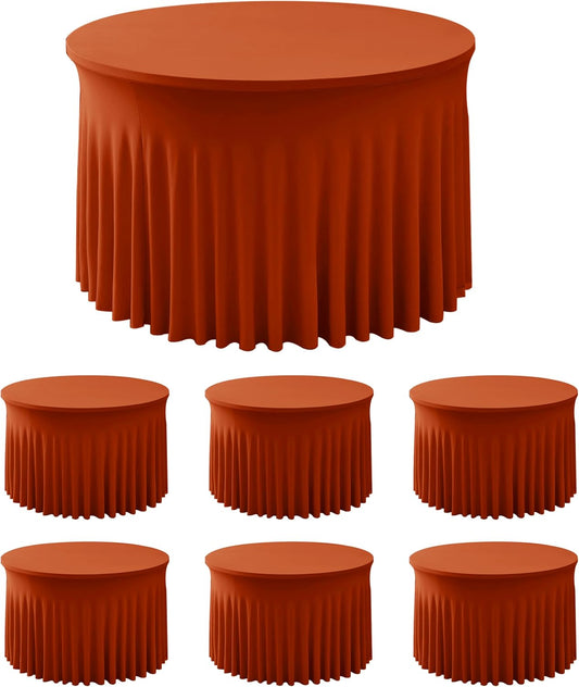 HolidayIdeas 6 Pack Spandex Table Skirts for 60 Inch Round Table, Fitted Stretch Ruffle Cover for Wedding Receptions, Holiday Parties, Rust