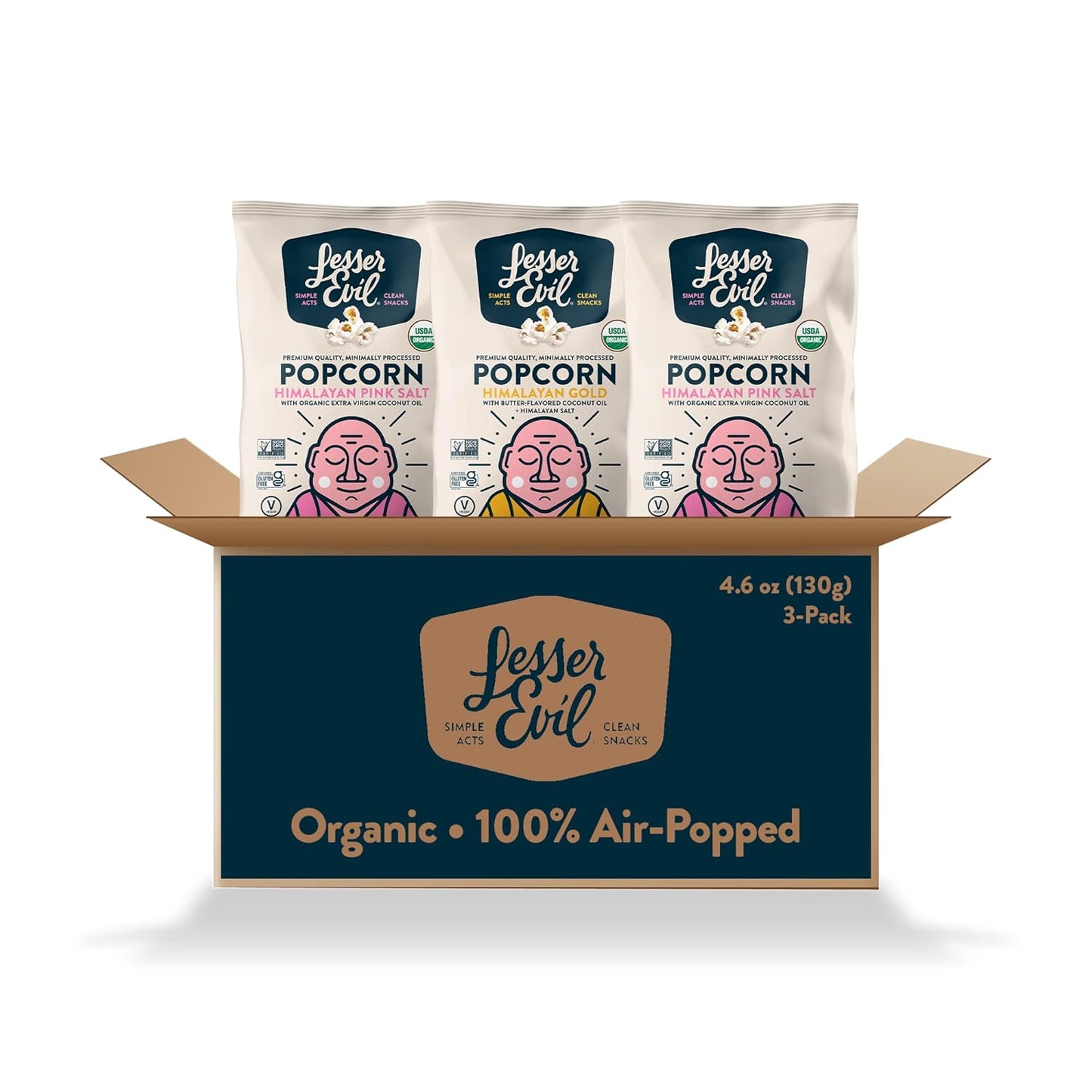 LesserEvil Organic Popcorn Favorites Pack, 2 Bags of Himalayan Pink Salt (4.6 oz each), 1 Bag of Himalayan Gold (4.6 oz)
