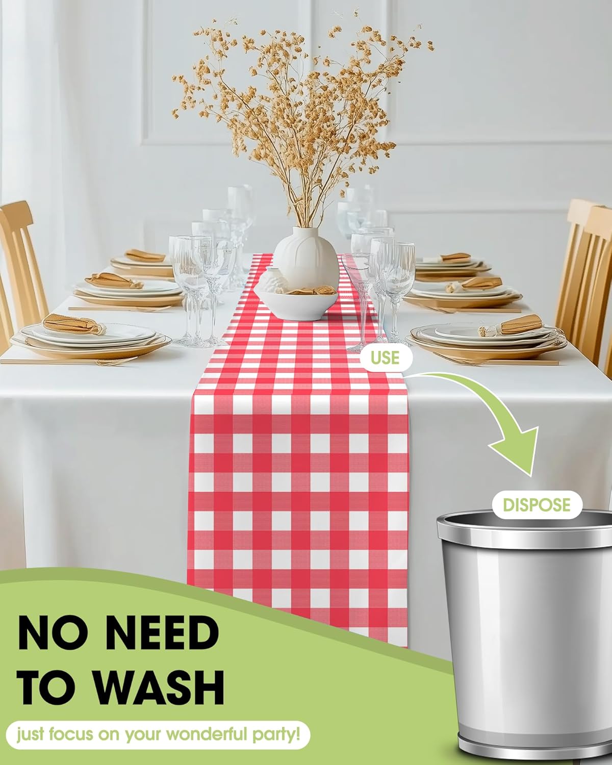 Pureegg Gingham Plastic Table Runners - 12 Pack, 14'' x 108'', Water Resistant & Disposable Plaid Centerpiece Decorations for Table Cloth, Birthday, Holiday, Party, Red and White Checkered Home Decor