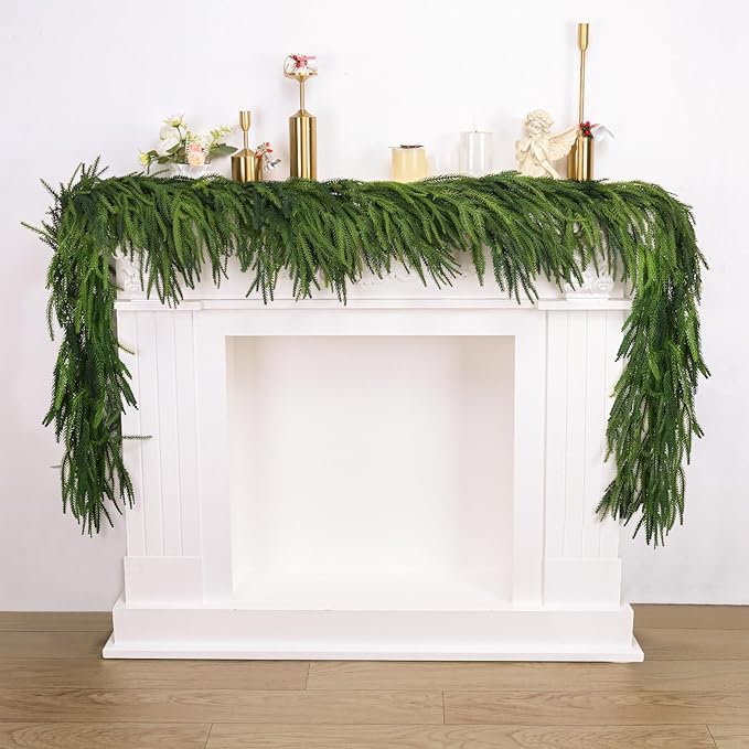 1 Pcs Artificial Norfolk Pine Garlands Christmas, 9 FT Dense Real Touch Winter Pine Garland Ornament, Green Artificial Greenery Garland for Table, Mantle, Wall, Indoor, Outdoor Christmas Decorations