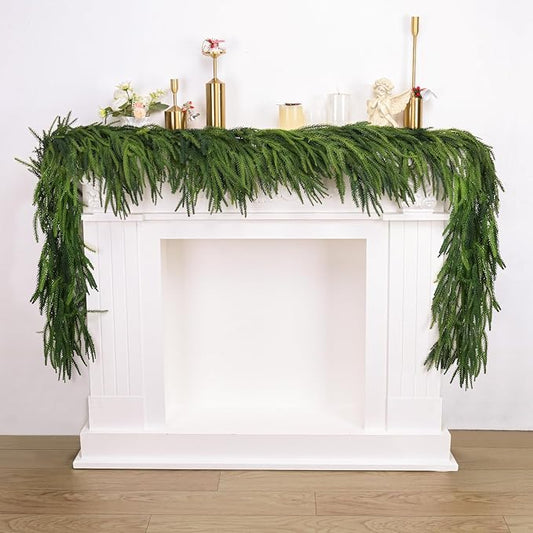 1 Pcs Artificial Norfolk Pine Garlands Christmas, 9 FT Dense Real Touch Winter Pine Garland Ornament, Green Artificial Greenery Garland for Table, Mantle, Wall, Indoor, Outdoor Christmas Decorations