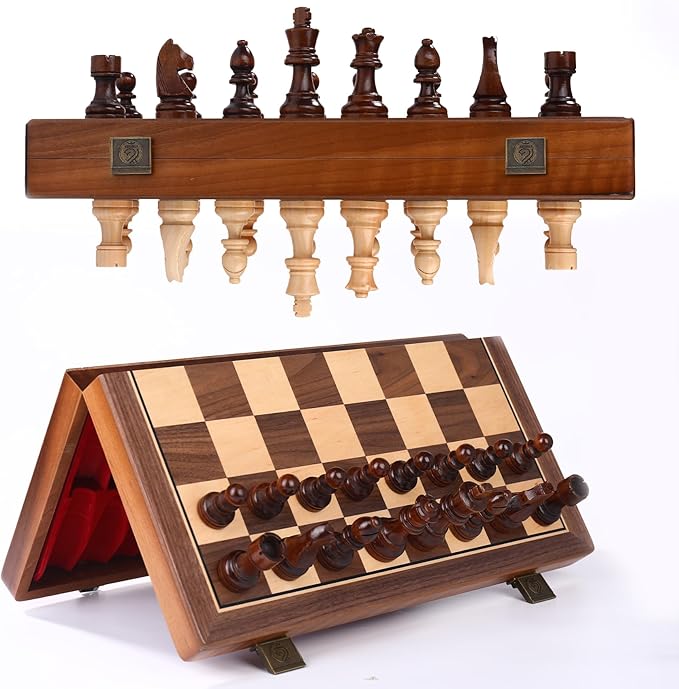15 Inch Walnut Magnetic Chess Board Set for Adults Kids Wooden Chess, Folding Portable Travel Chess Game for Tournament Professional Beginner