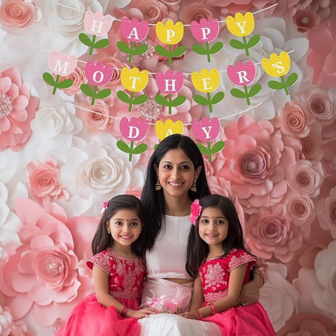 Happy Mother's Day Banner Set Decoration for Mother's Day Party Decorations Backdrop Garland for Mom Mother's Day Glitter Garland Photo Props (Pink Yellow Flower)