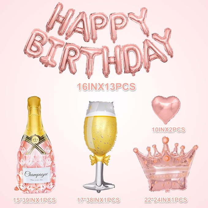 Amandir Rose Gold Birthday Party Decorations for Women Girls, Rose Gold Pink Confetti Foil Balloons, Butterfly, Fringe Curtain, Happy Birthday Banner, Cake Topper for30th 40th 50th 60th Supplies Decor