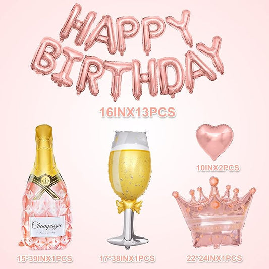 Amandir Rose Gold Birthday Party Decorations for Women Girls, Rose Gold Pink Confetti Foil Balloons, Butterfly, Fringe Curtain, Happy Birthday Banner, Cake Topper for30th 40th 50th 60th Supplies Decor