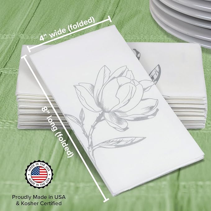 SimuLinen Silver Magnolia Disposable Bathroom Guest Towels - Folded, Single-Use, Kosher Paper Towels, 12x17", 100ct (Made in USA)