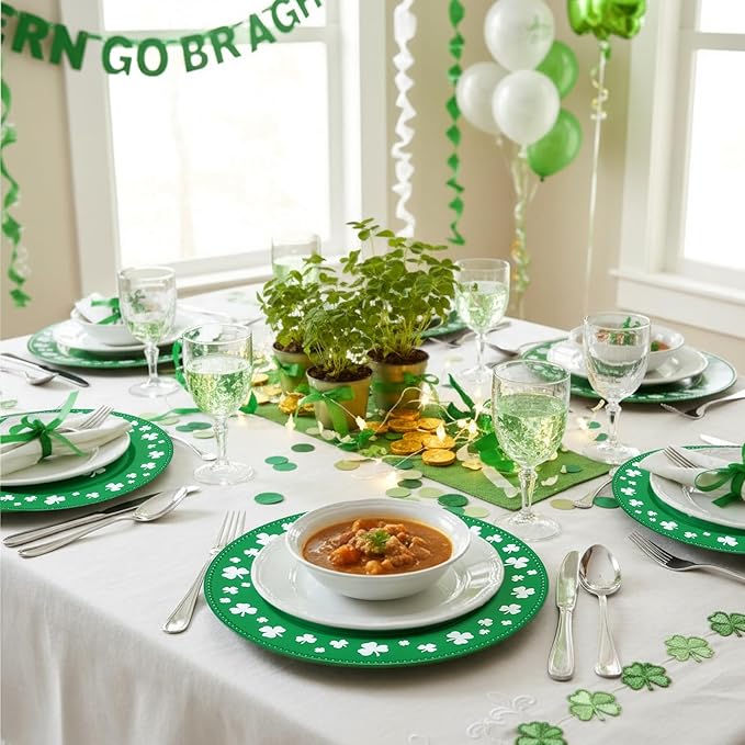 Yungyan 6 Pcs St Patricks Day Plastic Charger Plates 13 Inch St Patricks Day Round Resuable Charger Plates Large Shamrock Plate for Holiday Party Decorations Dinner Tableware Supplies