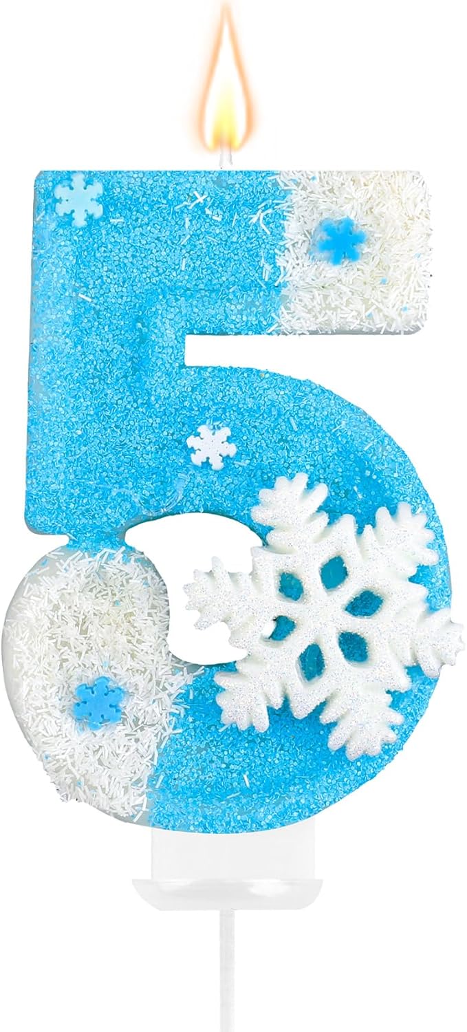 Frozen Birthday Party Decorations, Number 5 Birthday Candle, Frozen Birthday Party Favors, Happy Birthday Candle for Cake, Blue Snowflake Cake Topper Decoration for 5th 5 Year Old Party Favor Supplies