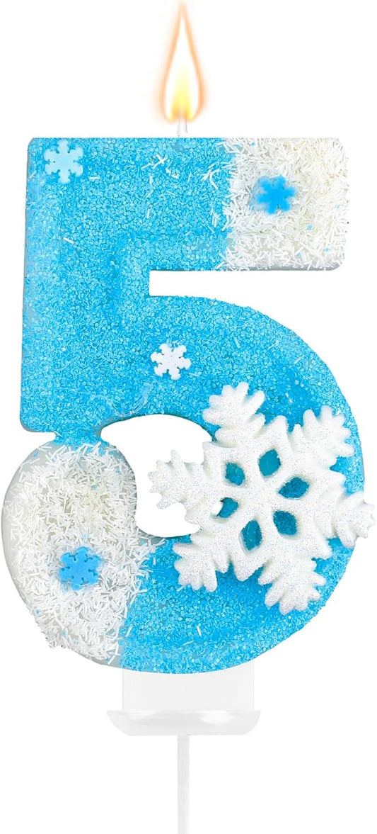 Frozen Birthday Party Decorations, Number 5 Birthday Candle, Frozen Birthday Party Favors, Happy Birthday Candle for Cake, Blue Snowflake Cake Topper Decoration for 5th 5 Year Old Party Favor Supplies