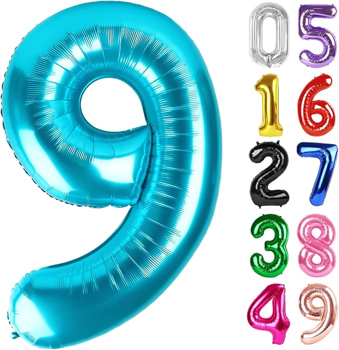 Light Blue Number 9 Balloon 40 Inch, 9th Birthday Party Decorations for Children, Giant 9 Foil Balloon for Party Supplies