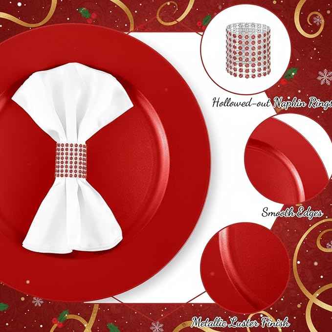 Tanlade 100 Pcs Charger Plates Set Bulk Include 50 Plastic Plate Chargers and 50 Napkin Rings 13" Round for Dinner Table Setting Wedding Baby Shower Decoration(Red)