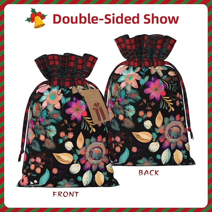 PULaif Colorful Boho Florals Christmas Drawstring Gift Bags, Large Size Christmas Bags For Gifts Party Favors, Xmas Gift Bags