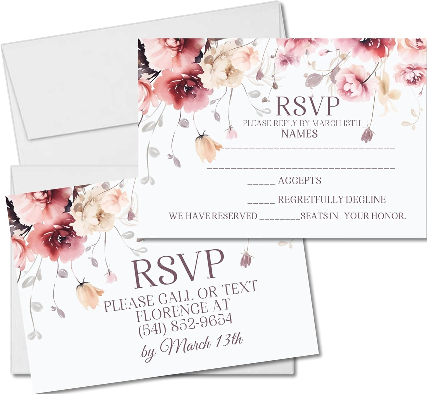 Burgundy & Pink Wildflower Wedding Invitations, Garden Floral, Personalized, Set of 12 Invitations with Envelopes