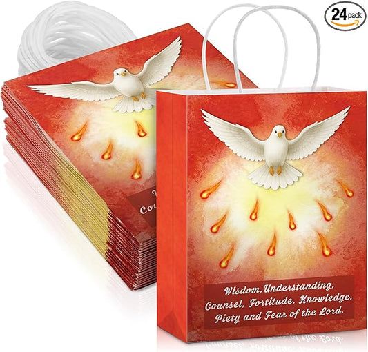 24 Pcs Holy Spirit Confirmation Gift Bags Pentecost Catholic Gift Bag Religious Paper Gifts Supplies with Handles Christian Party Favor for Baptism Party Rcia Decoration