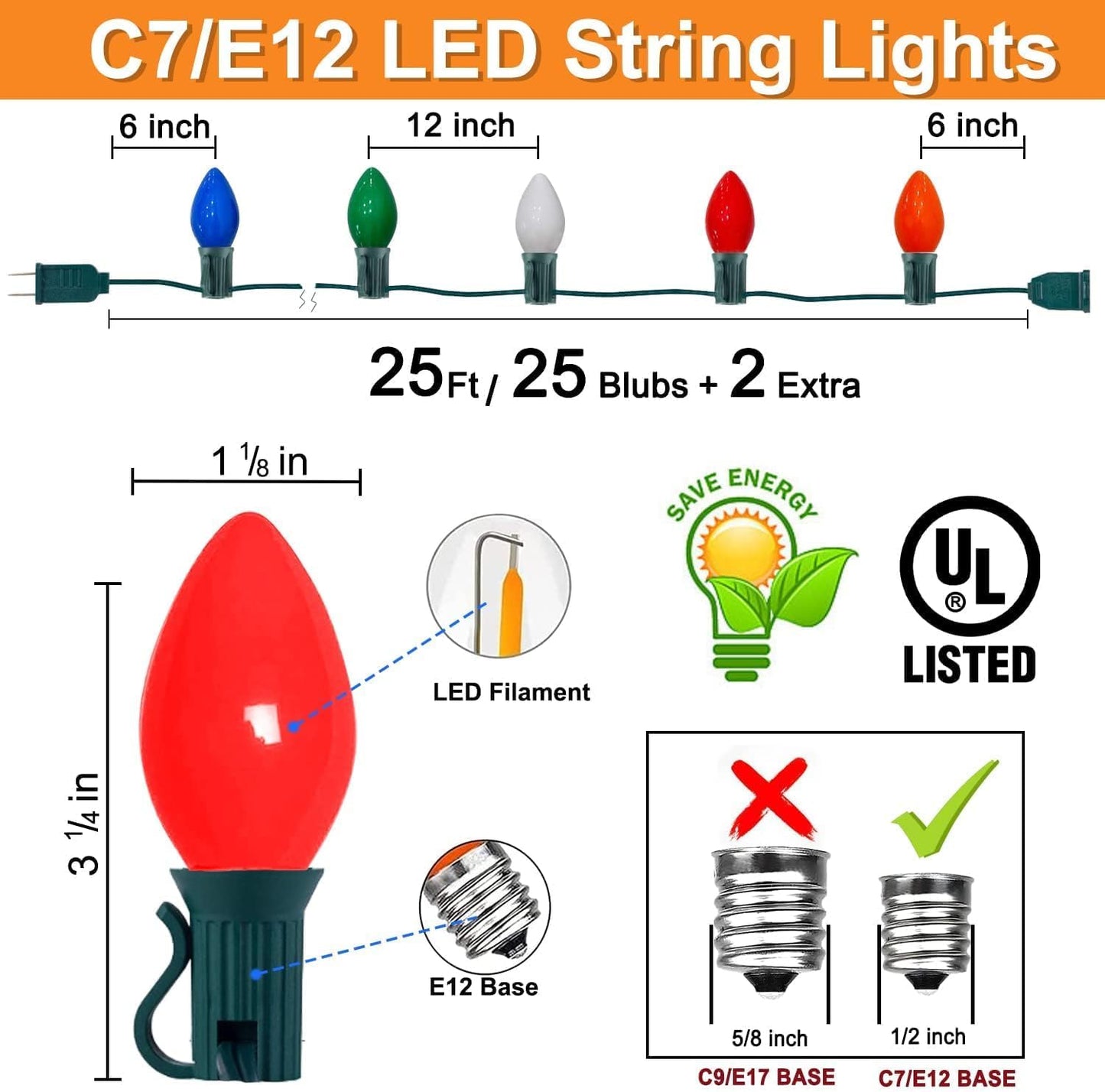 C7 LED Christmas Lights Multicolor, 25Ft Vintage Christmas Lights with 27 LED Bulbs (E12 Base, 0.6W) Plug in Waterproof for Christmas Tree Indoor Party Backyard Outdoor Greenwire