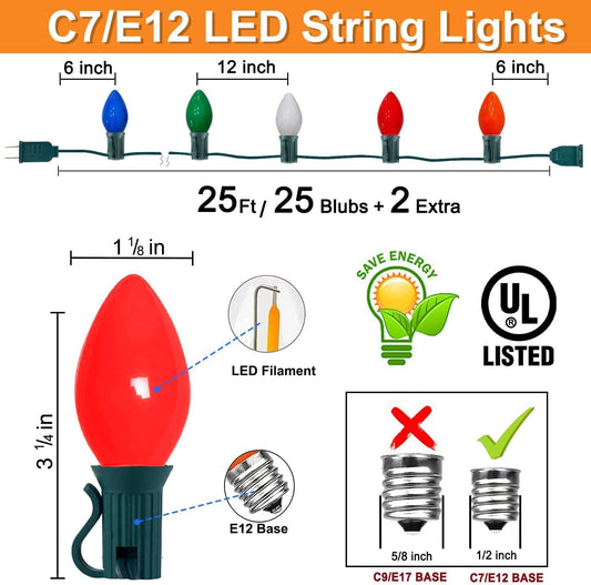 C7 LED Christmas Lights Multicolor, 25Ft Vintage Christmas Lights with 27 LED Bulbs (E12 Base, 0.6W) Plug in Waterproof for Christmas Tree Indoor Party Backyard Outdoor Greenwire