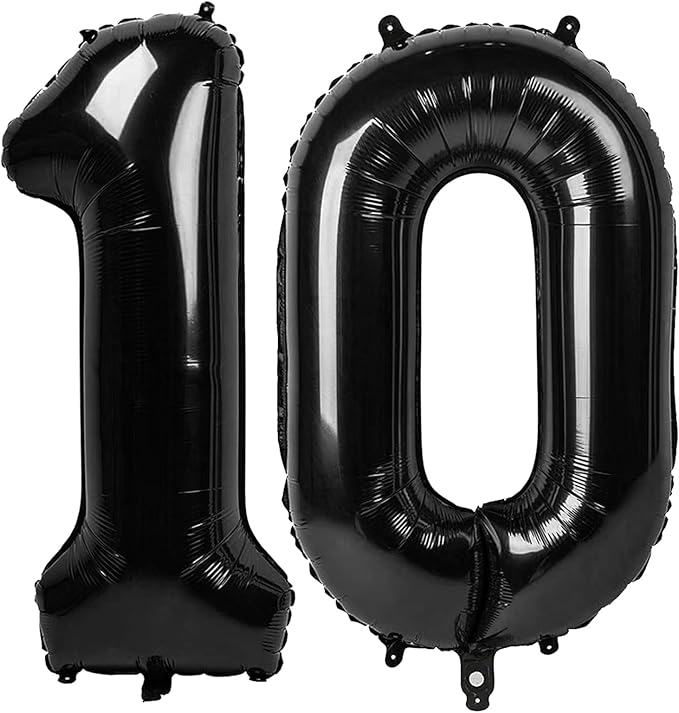 Black Number 10 Balloon 40 Inch, 10th Birthday Party Decorations for Children, Giant 10 Foil Balloon for Party Supplies