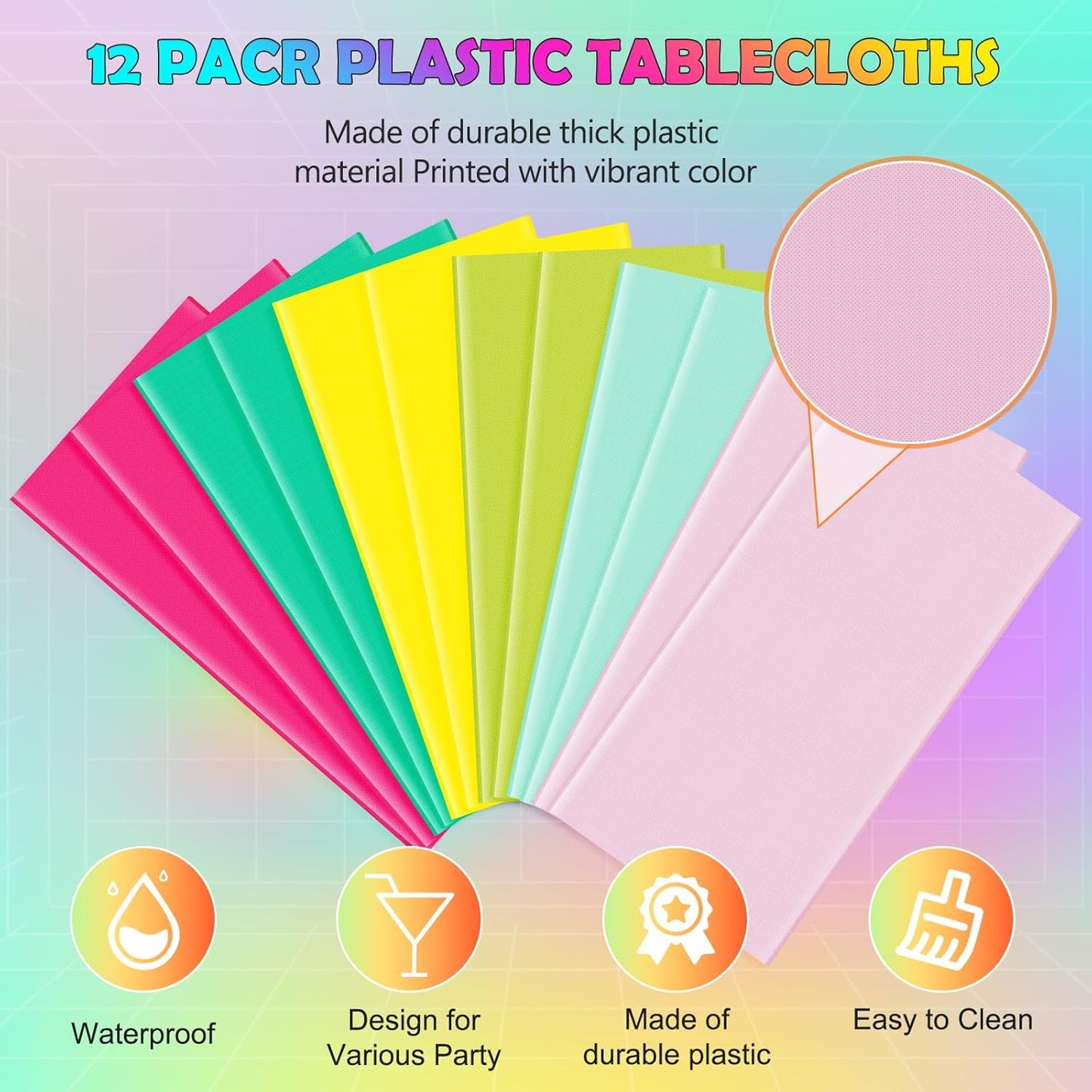 12 Pack Hawaiian Plastic Tablecloth for Round Tables, Pink Green Yellow Tropical Disposable Table Cover, Luau Round Table Cloth for Summer Flamingo Birthday Picnic Party Supplies Decorations