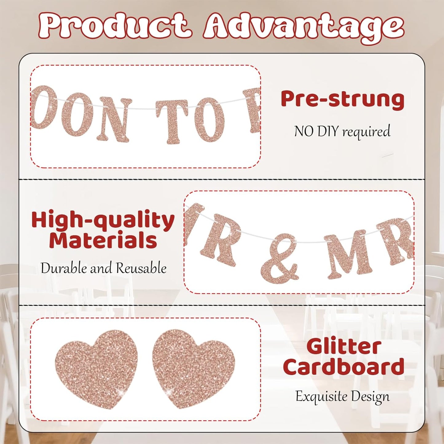 Soon To Be Mr & Mrs Sign for Bridal Shower Banner, Pre-Strung Rose Gold Glitter Wedding Banner, Engagement Banners for Mantle Hanging Sign Couples Shower Decorations