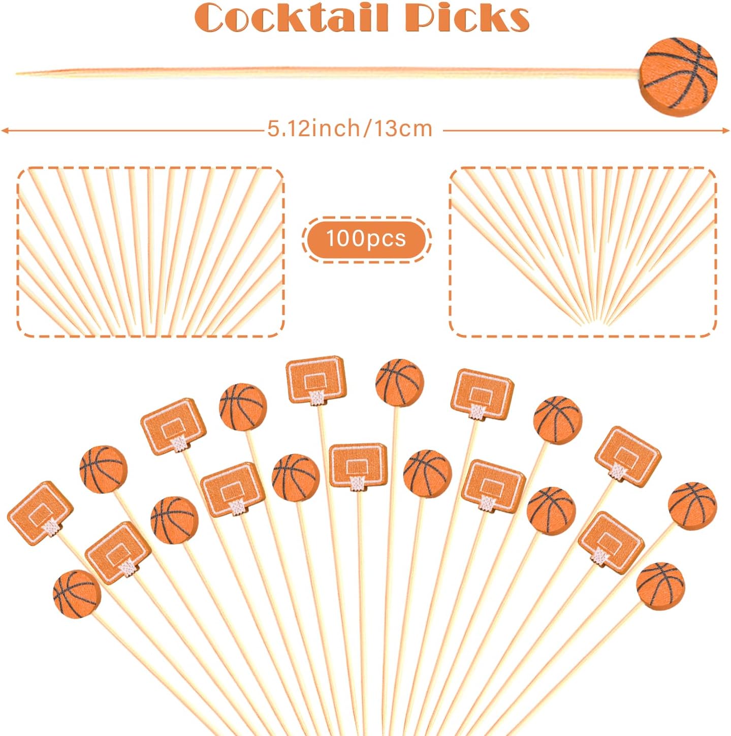Basketball Cocktail Picks 5” Basketballs Topper Decorative Tip Decoration Toothpicks Skewers Sticks for Appetizers Sandwich Food, Senior Night March Madness Decorations Birthday Themed Party Supplies