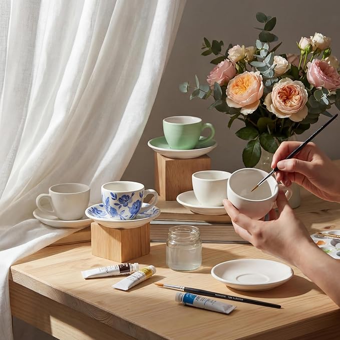 6 Sets Mother's Day Ceramics Teacup Craft Kit with Saucer Color Your Own Cup Flower Planter for Tea Party Crafts Pottery Painting Kit Art Indoor Gardens Family Activity Holiday Decors