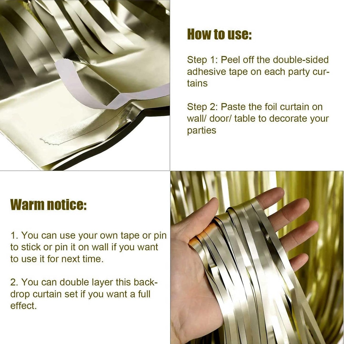 4 Pack Light Gold Foil Fringe Curtain Backdrop, 3.28Ft x 6.56Ft Metallic Tinsel Foil Fringe Streamers Curtains for Photo Booth, Wedding, Thanksgiving, Birthday, Christmas, Halloween Party Decoration