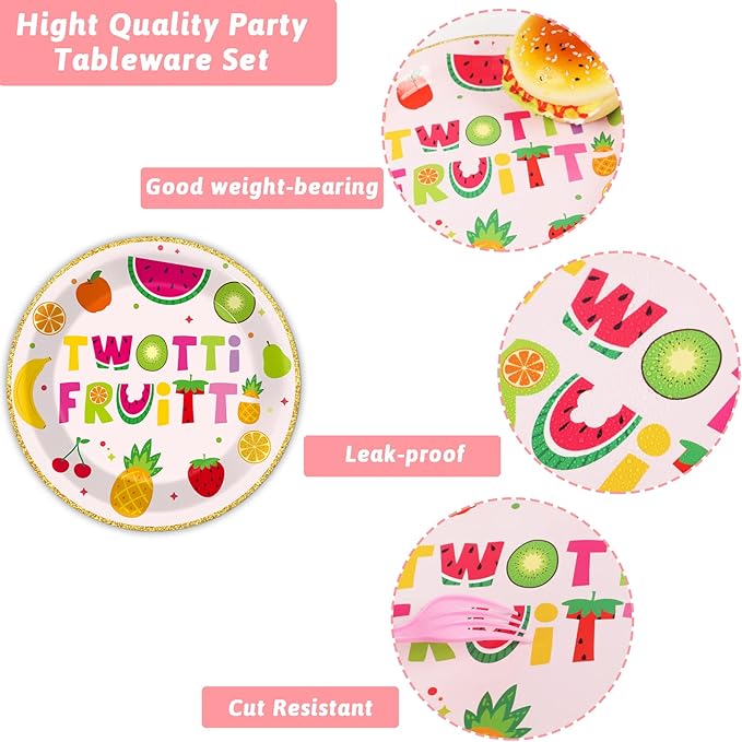 OBUSATT 96Pcs Twotti Frutti Party Supplies Summer Fruit 2nd Birthday Paper Plates Napkins Fruit Party Decorations Lemon Watermelon Pineapple Strawberry Dinnerware Favor Tableware Serves 24