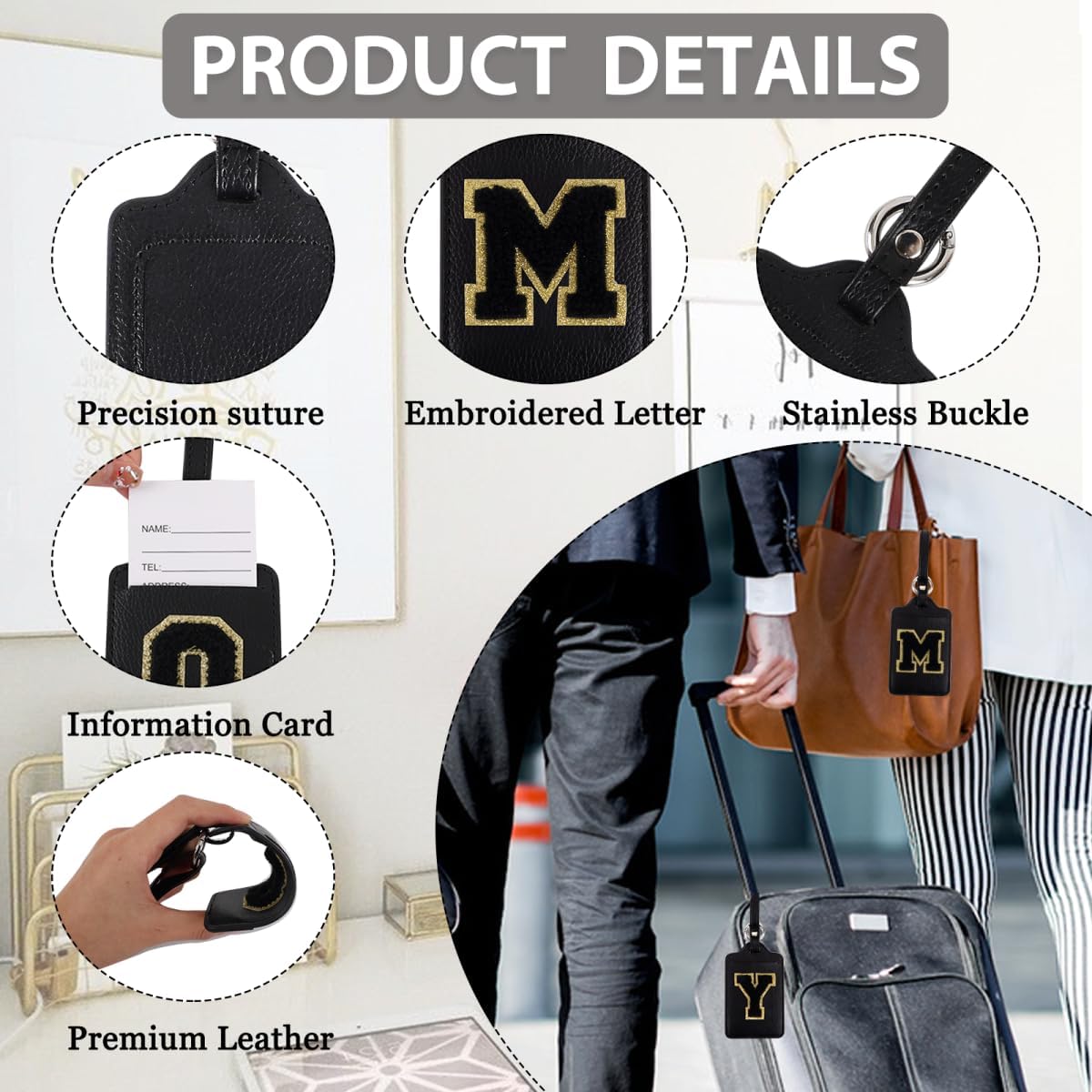 Personalized Initial Luggage Tags for Suitcases, Leather Chenille Letter Cute Luggage Tags with Privacy Name Card, Embroidered Travel Bag Backpack Tags Gifts for Women Kids Girls Teens(Black-V)