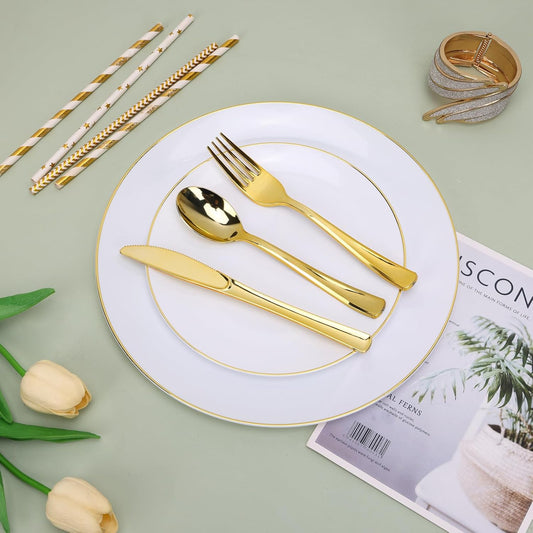 Moretoes 250PCS Gold Disposable Dinnerware Set, White and Gold Plastic Party Plates for 50 Guests, Includes 50 Dinner Plate,50 Dessert Plate,150 Gold Cutlery for Wedding & Party