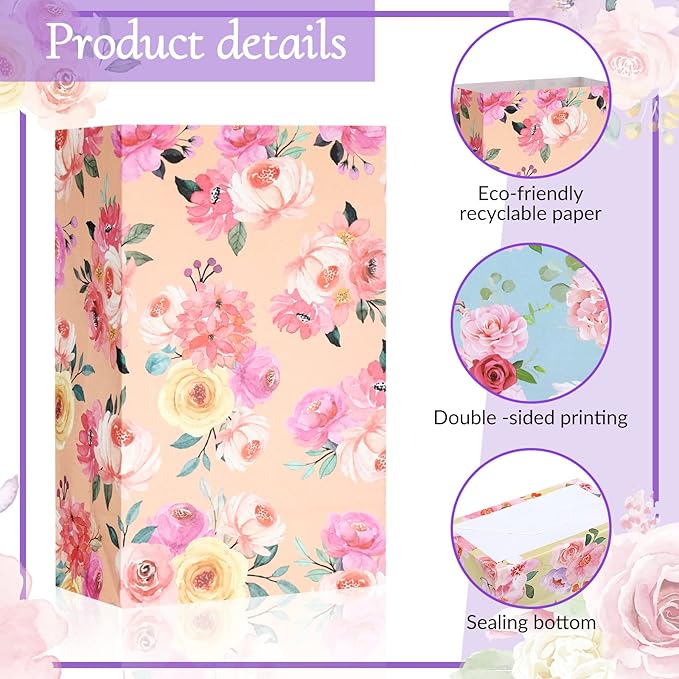 Panelee 24 Pcs Floral Gift Bags Pastel Small Tea Party Favors Flowers Paper Lunch Bag Bulk 8.7x4.7x3 in Goodie Candy Treat Pouches for Wedding Bridal Shower Birthday Mother's Day Decoration