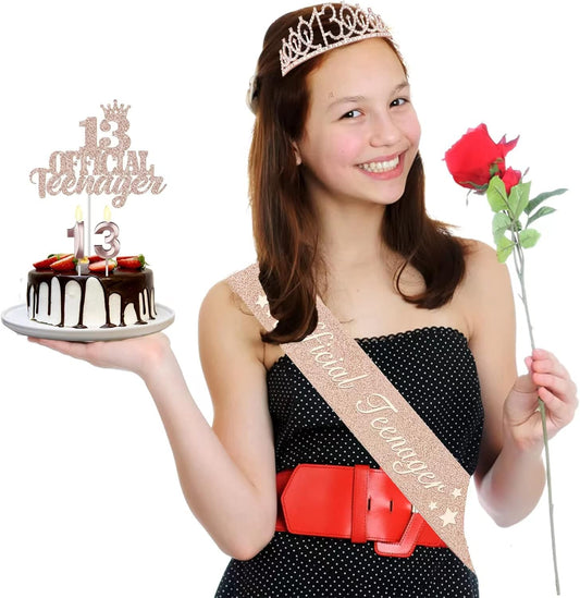 13th Birthday Decorations for Girls, Including 13th Birthday Crown/Tiara, Official Teenager Sash and Cake Topper, Number Candles, 13 Year Old Girl Gifts